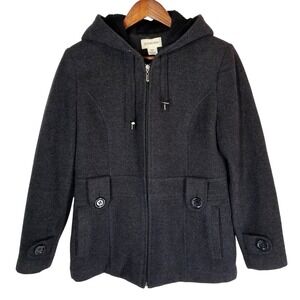 St Johns Bay Womens Charcoal Gray Wool Blend Hooded Zip Front Jacket Small